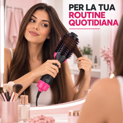 BDIT Accessori Spazzola ad Aria Calda per Capelli, Spazzola Asciugacapelli e Styler One Step, Testa Ovale con Setole, Impugnatura Ergonomica e Livelli Regolabili, Nero e Rosa