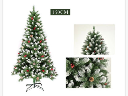 Albero di Natale Artificiale Flocked 120cm, Effetto Neve, Pigne e Bacche Rosse, Base Inclusa