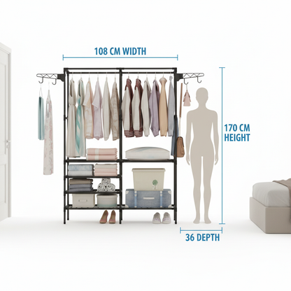 Scaffale Appendiabiti Multifunzionale in Metallo 108x36x170 cm – Armadio Aperto con Doppia Barra, Ripiani Portaoggetti, Ganci Laterali e Porta Scarpe – Organizer Salvaspazio per Camera, Ingresso, Cabina Armadio