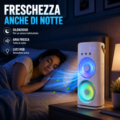 Raffrescatore Portatile con Doppia Ventola, Nebulizzazione ad Acqua e Luci RGB, Mini Condizionatore USB da Tavolo, Ventilatore Silenzioso con Serbatoio Acqua, per Ufficio, Camera da Letto e Casa