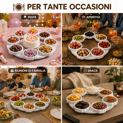 Vassoio Rotante da Tavola con Scomparti, Porta Snack Girevole per Condivisione, Organizer per Dolci, Frutta, Aperitivi e Antipasti, Centro Tavola per Feste, Famiglia e Riunioni