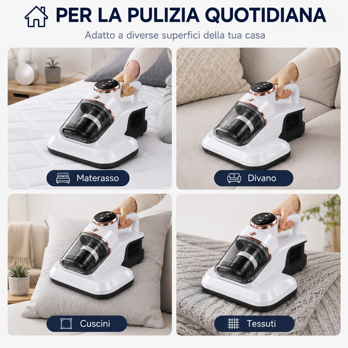 Aspirapolvere per Materassi e Tessuti, Aspiratore Portatile con Contenitore Trasparente e Filtro, Pulitore Compatto per Letto, Divano, Cuscini e Tessuti, Design Ergonomico