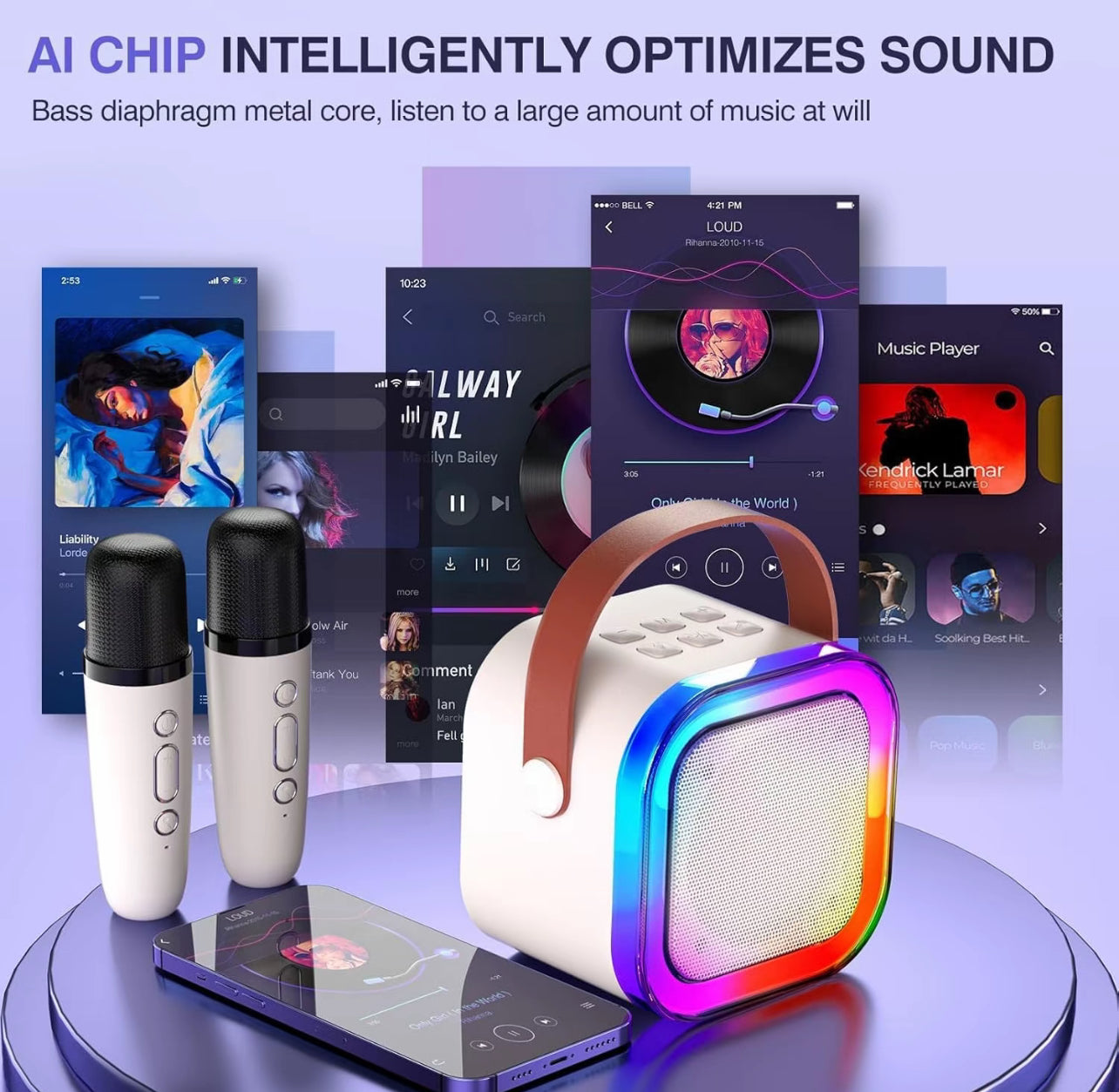 Altoparlante per karaoke senza fili con 2 microfoni wireless, Sistema di altoparlanti KTV ricaricabili con suono stereo HiFi, Altoparlante senza fili con luci a led con colori RGB - BDIT ACCESSORI