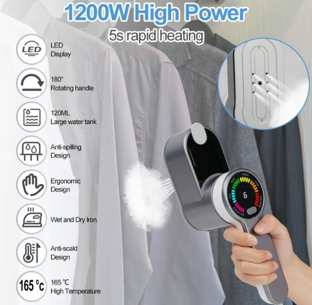 Ferro da Stiro Portatile con Display LED – 6 Modalità per Tessuti, Compatto da Viaggio, Stiratura Verticale e Orizzontale, Ideale per Lana, Cotone, Lino, Seta - BDIT ACCESSORI