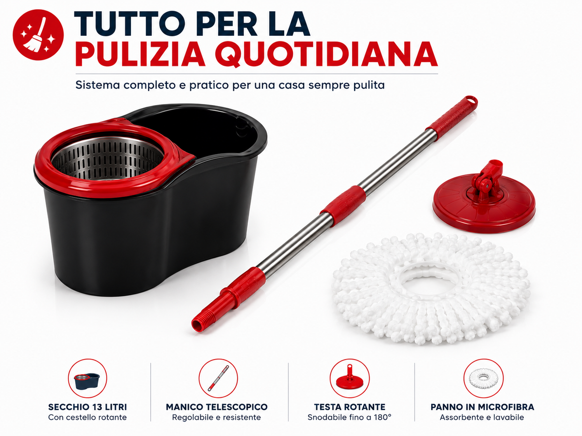 Mocio Rotante con Secchio 13 Litri, Sistema di Strizzatura con Cestello Rotante, Manico Telescopico 90-115 cm, Testa Snodabile 180°, Panno in Microfibra per Pavimenti, Casa e Pulizia
