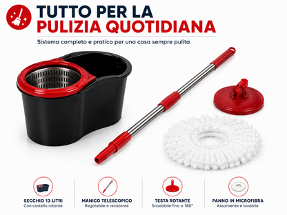 Mocio Rotante con Secchio 13 Litri, Sistema di Strizzatura con Cestello Rotante, Manico Telescopico 90-115 cm, Testa Snodabile 180°, Panno in Microfibra per Pavimenti, Casa e Pulizia