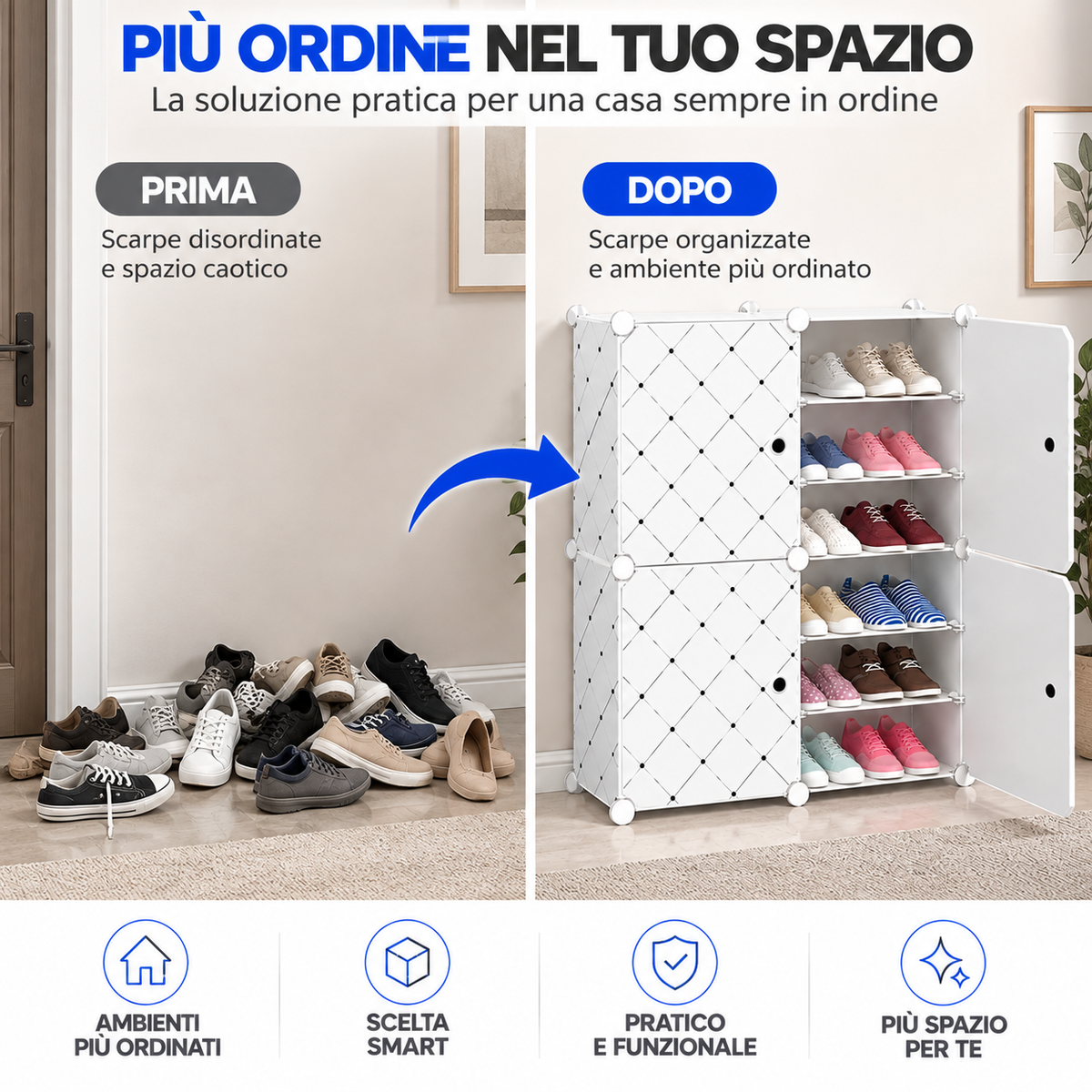 BDIT Accessori Scarpiera Bianca Salvaspazio con Ante, Mobile Portascarpe Modulare con Ripiani Interni, Organizer per Scarpe con Apertura Frontale, per Ingresso, Camera e Guardaroba