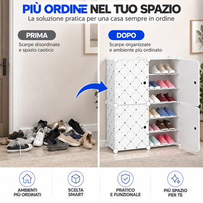 BDIT Accessori Scarpiera Bianca Salvaspazio con Ante, Mobile Portascarpe Modulare con Ripiani Interni, Organizer per Scarpe con Apertura Frontale, per Ingresso, Camera e Guardaroba