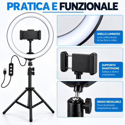 BDIT Accessori Ring Light con Treppiede Regolabile e Supporto Smartphone, Luce ad Anello LED con Comando sul Cavo, Supporto per Telefono per Foto, Video, Makeup, Streaming e Videochiamate