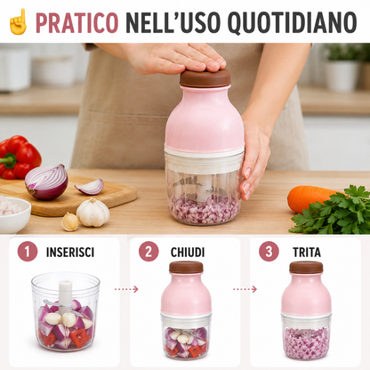 Tritatutto Elettrico Compatto da Cucina, Mini Tritatutto con Contenitore Trasparente e Lame, Chopper per Verdure, Cipolla, Aglio, Erbe Aromatiche e Frutta Secca, Rosa