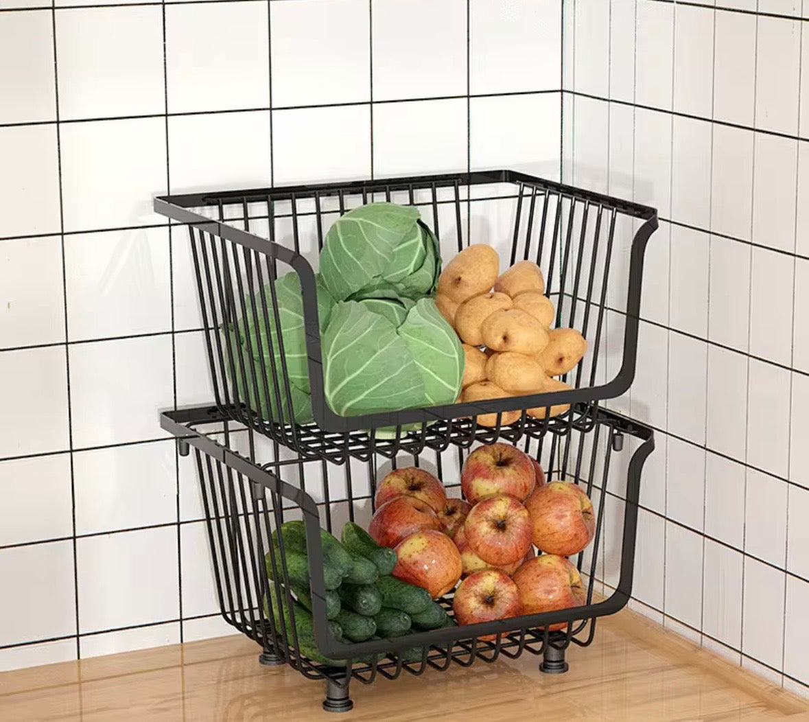 Carrello Portaoggetti Impilabile a 2 Cesti in Metallo - Organizer Multiuso da Cucina e Dispensa