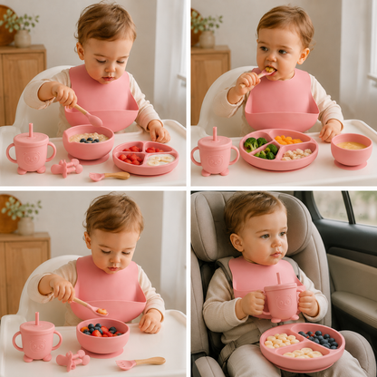 Set Pappa Svezzamento Neonati in Silicone Rosa, Kit Pappa Bambini con Piatto Ventosa, Ciotola, Bavaglino, Bicchiere, Tazza con Cannuccia e Posate, Set Alimentazione Baby Food Grade BPA Free
