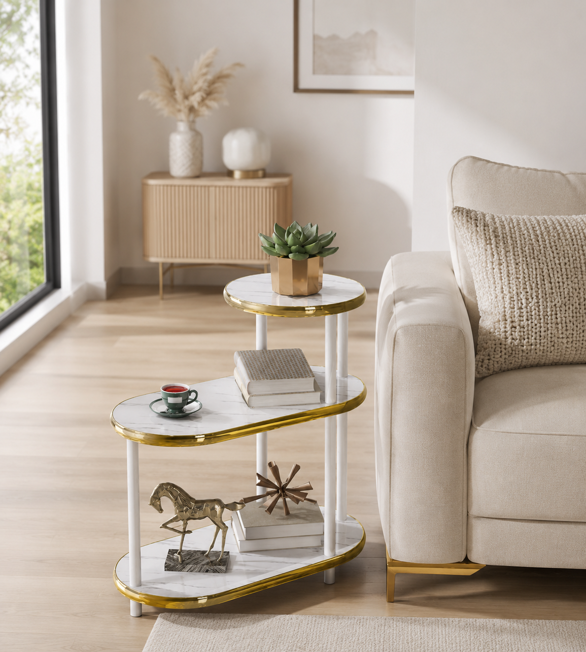 Tavolino da Salotto Moderno 3 Ripiani Effetto Marmo Bianco con Bordi Oro, Tavolino Laterale Salvaspazio, Mobiletto Multiuso per Camera da Letto, Soggiorno e Angolo Caffè, 68x60x30 cm