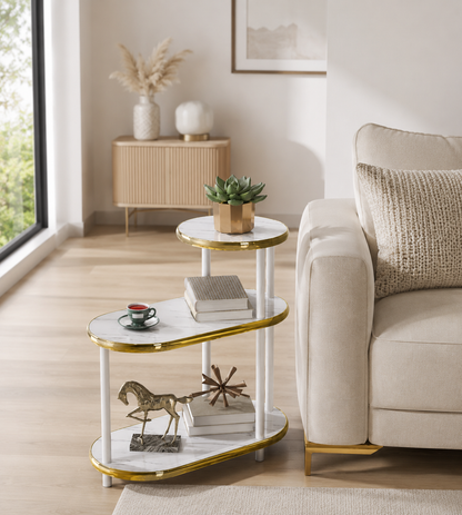 Tavolino da Salotto Moderno 3 Ripiani Effetto Marmo Bianco con Bordi Oro, Tavolino Laterale Salvaspazio, Mobiletto Multiuso per Camera da Letto, Soggiorno e Angolo Caffè, 68x60x30 cm