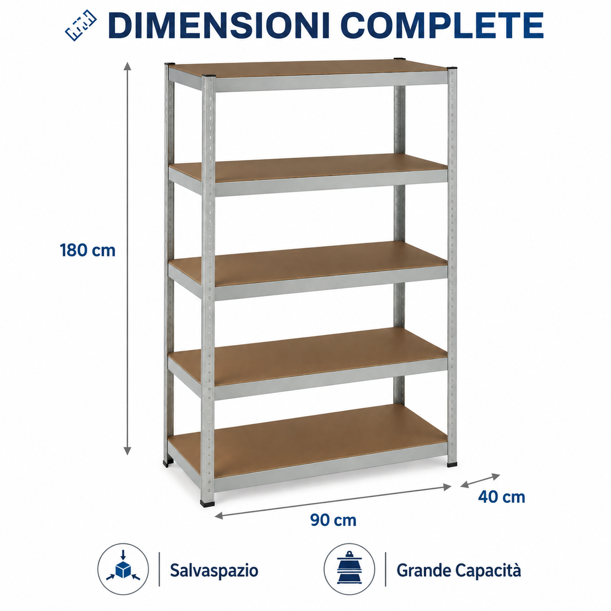 Scaffale Metallico 180x90x40 cm a 5 Ripiani, Scaffalatura in Acciaio Zincato con Ripiani MDF, Sistema ad Incastro Senza Viti, Scaffale Multiuso per Garage, Cantina, Magazzino e Lavanderia