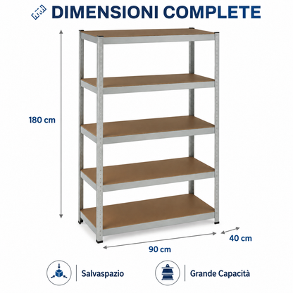 Scaffale Metallico 180x90x40 cm a 5 Ripiani, Scaffalatura in Acciaio Zincato con Ripiani MDF, Sistema ad Incastro Senza Viti, Scaffale Multiuso per Garage, Cantina, Magazzino e Lavanderia