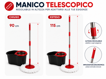Mocio Rotante con Secchio 13 Litri, Sistema di Strizzatura con Cestello Rotante, Manico Telescopico 90-115 cm, Testa Snodabile 180°, Panno in Microfibra per Pavimenti, Casa e Pulizia
