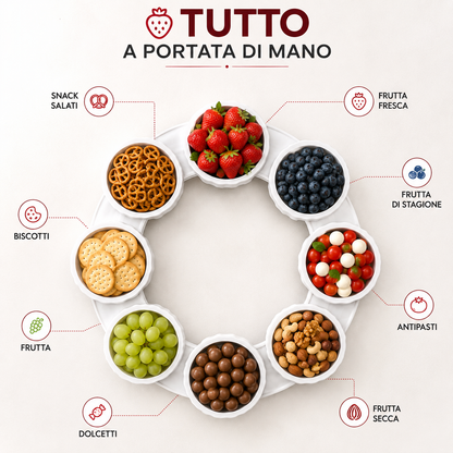 Vassoio Rotante da Tavola con Scomparti, Porta Snack Girevole per Condivisione, Organizer per Dolci, Frutta, Aperitivi e Antipasti, Centro Tavola per Feste, Famiglia e Riunioni