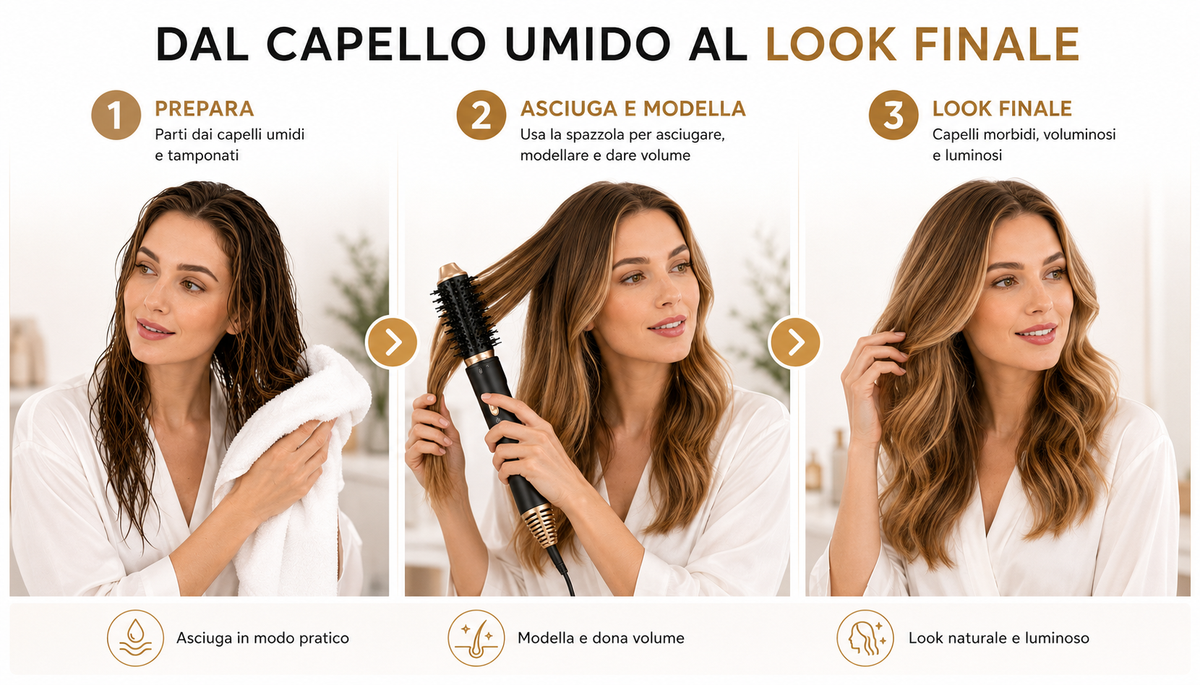 Asciugacapelli 6 in 1 con Accessori Intercambiabili, Styler per Capelli con Spazzola Volumizzante, Spazzola Lisciante, Diffusore, Concentratore e Accessori Arricciacapelli, Nero e Oro