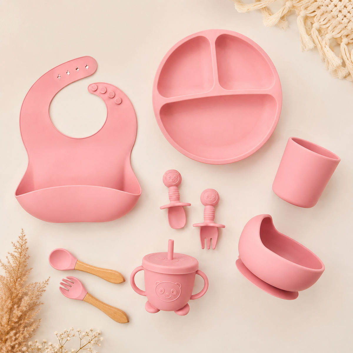 Set Pappa Svezzamento Neonati in Silicone Rosa, Kit Pappa Bambini con Piatto Ventosa, Ciotola, Bavaglino, Bicchiere, Tazza con Cannuccia e Posate, Set Alimentazione Baby Food Grade BPA Free