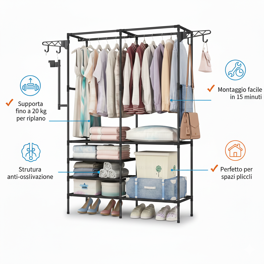 Scaffale Appendiabiti Multifunzionale in Metallo 108x36x170 cm – Armadio Aperto con Doppia Barra, Ripiani Portaoggetti, Ganci Laterali e Porta Scarpe – Organizer Salvaspazio per Camera, Ingresso, Cabina Armadio