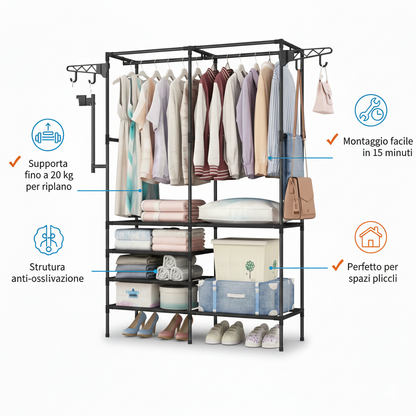 Scaffale Appendiabiti Multifunzionale in Metallo 108x36x170 cm – Armadio Aperto con Doppia Barra, Ripiani Portaoggetti, Ganci Laterali e Porta Scarpe – Organizer Salvaspazio per Camera, Ingresso, Cabina Armadio