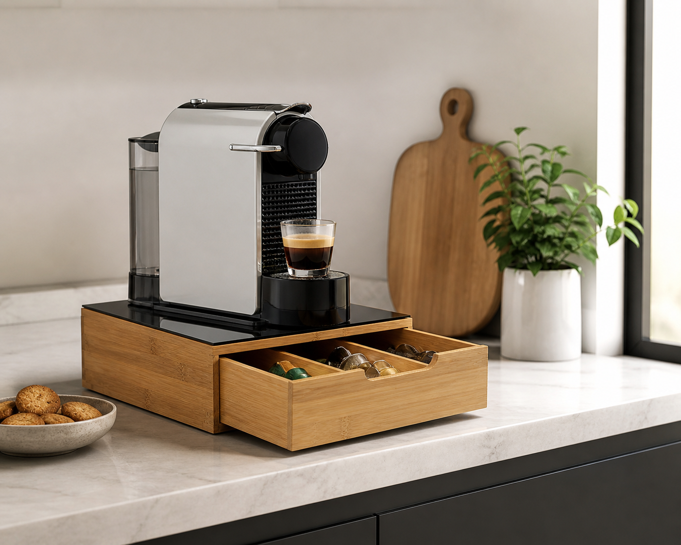 Cassetto Portacapsule Caffè in Bamboo con Piano in Vetro Temperato, Organizer Capsule e Cialde, Porta Capsule Compatibile Nespresso, Porta Capsule con Cassetto per Cucina, 30x30x10 cm