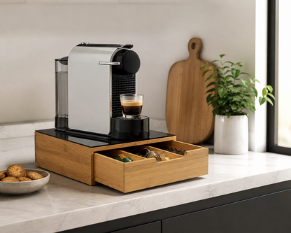 Cassetto Portacapsule Caffè in Bamboo con Piano in Vetro Temperato, Organizer Capsule e Cialde, Porta Capsule Compatibile Nespresso, Porta Capsule con Cassetto per Cucina, 30x30x10 cm