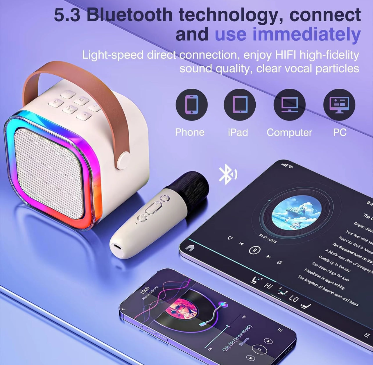 Altoparlante per karaoke senza fili con 2 microfoni wireless, Sistema di altoparlanti KTV ricaricabili con suono stereo HiFi, Altoparlante senza fili con luci a led con colori RGB - BDIT ACCESSORI