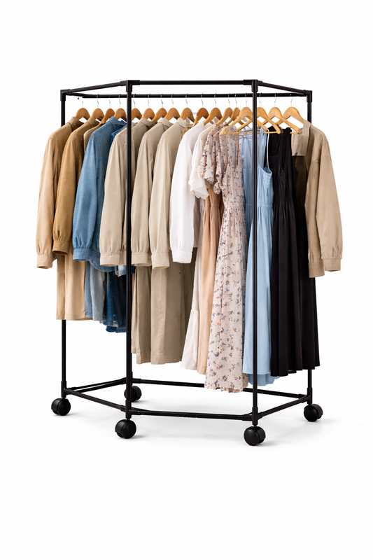 Appendiabiti con Ruote 120x70x36 cm – Stand Appendiabiti Esagonale Salvaspazio in Metallo – Armadio Aperto Mobile con 4 Ruote per Camera, Ingresso, Negozio, Appartamento