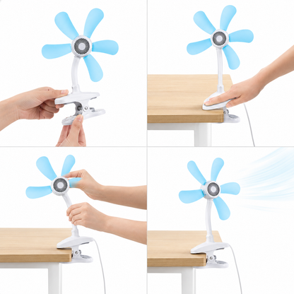 Ventilatore a Clip con 6 Pale – Ventola Silenziosa con Collo Flessibile e Clip Antiscivolo – Mini Ventilatore da Scrivania per Casa, Ufficio e Camera da Letto