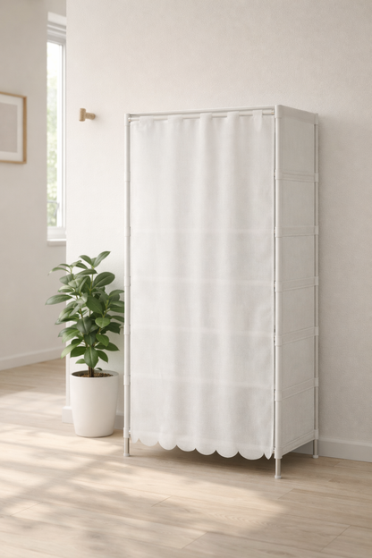 Scarpiera 7 Ripiani con Tenda – Colore Bianco – Struttura in Metallo e Ripiani in Stoffa – Organizer Salvaspazio 58x26x110 cm per Ingresso, Camera e Ripostiglio