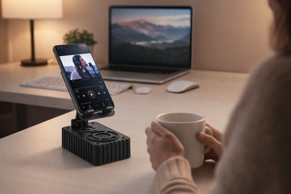 Supporto Smartphone con Altoparlante Wireless Integrato, Stand Cellulare Regolabile Angolazione, Base Antiscivolo, Porta Telefono da Tavolo per Video, Musica e Videochiamate, Compatibile iPhone Android