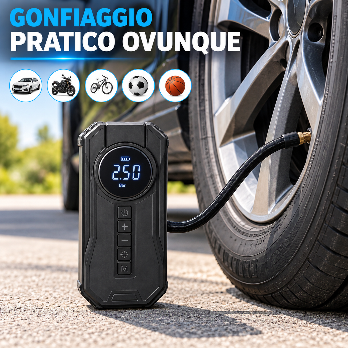 BDIT Accessori Compressore Portatile Multifunzione con Display Digitale, Gonfiatore Pneumatici Auto con Tubo e Adattatori, Cavi con Pinze, Cavo USB e Custodia, Kit Compatto per Auto e Viaggio