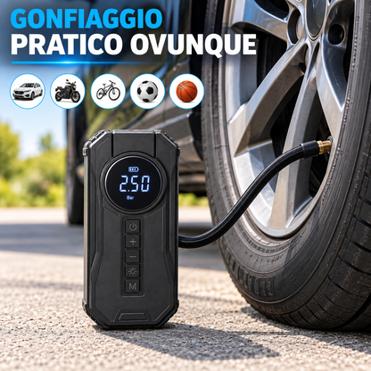 BDIT Accessori Compressore Portatile Multifunzione con Display Digitale, Gonfiatore Pneumatici Auto con Tubo e Adattatori, Cavi con Pinze, Cavo USB e Custodia, Kit Compatto per Auto e Viaggio