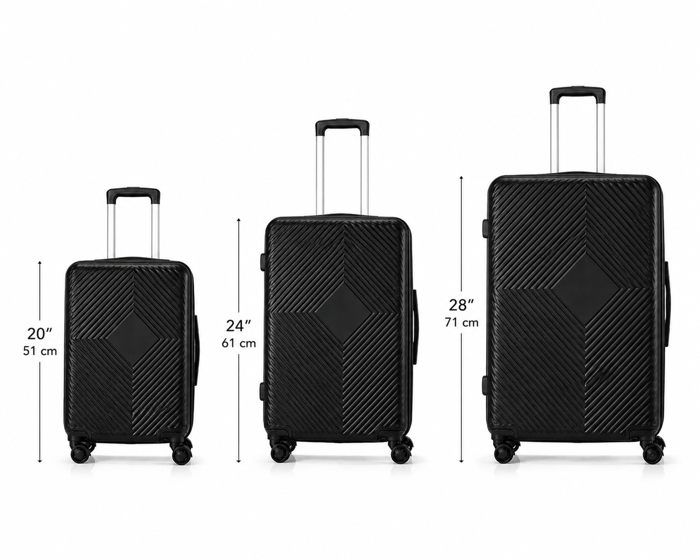Set Valigie Rigide 3 Pezzi ABS Nero – Trolley Cabina 20”, Media 24”, Grande 28” – Ruote 360°, Lucchetto TSA, Manico Telescopico – Leggere, Resistenti, Valigie Viaggio