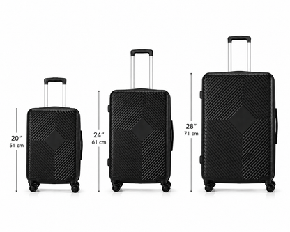 Set Valigie Rigide 3 Pezzi ABS Nero – Trolley Cabina 20”, Media 24”, Grande 28” – Ruote 360°, Lucchetto TSA, Manico Telescopico – Leggere, Resistenti, Valigie Viaggio