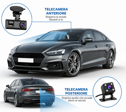 Dashcam Auto 1080P con Telecamera Posteriore, Videocamera per Auto con Display Integrato, Supporto a Ventosa, Registrazione Anteriore e Posteriore, Alimentazione da Auto