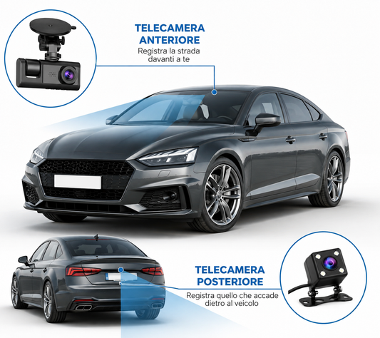 Dashcam Auto 1080P con Telecamera Posteriore, Videocamera per Auto con Display Integrato, Supporto a Ventosa, Registrazione Anteriore e Posteriore, Alimentazione da Auto