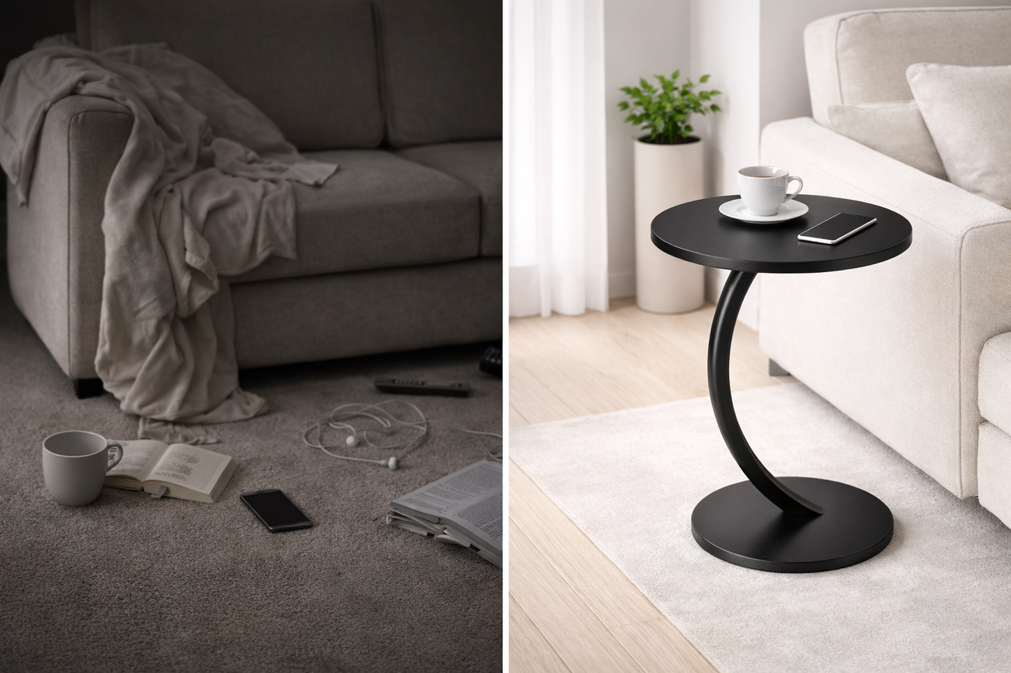 Tavolino Laterale Moderno Curvo, Tavolino Rotondo da Divano Salotto, Tavolo Compatto per Laptop, Caffè e Decorazioni, Design Minimal Salvaspazio, Nero 38x40x62 cm