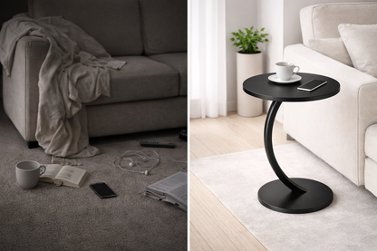 Tavolino Laterale Moderno Curvo, Tavolino Rotondo da Divano Salotto, Tavolo Compatto per Laptop, Caffè e Decorazioni, Design Minimal Salvaspazio, Nero 38x40x62 cm