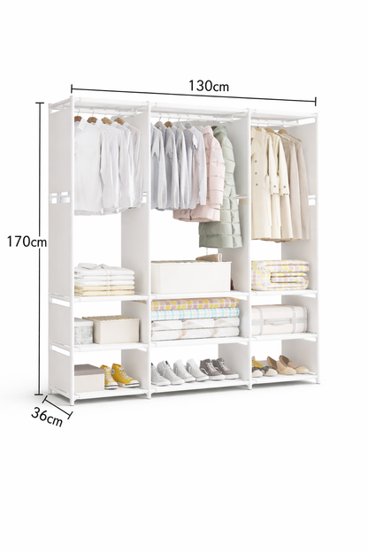 Armadio Guardaroba Aperto 130x170x36 cm con Ripiani e Barra Appendiabiti – Porta Abiti Salvaspazio in Metallo Bianco – Scaffale Vestiti Multifunzione per Camera da Letto, Cabina Armadio, Appartamento