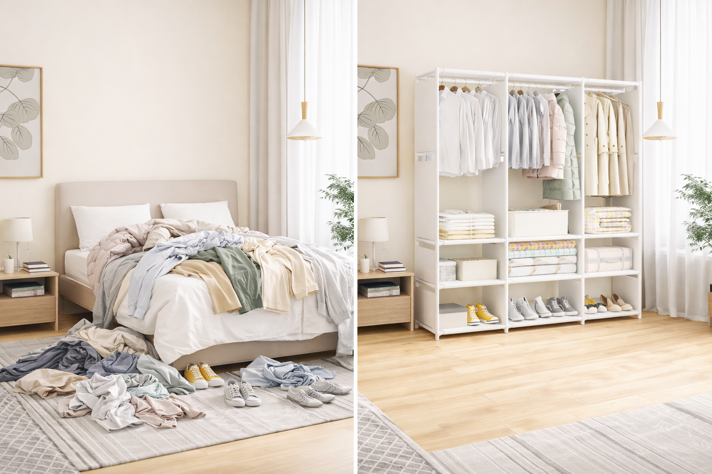 Armadio Guardaroba Aperto 130x170x36 cm con Ripiani e Barra Appendiabiti – Porta Abiti Salvaspazio in Metallo Bianco – Scaffale Vestiti Multifunzione per Camera da Letto, Cabina Armadio, Appartamento