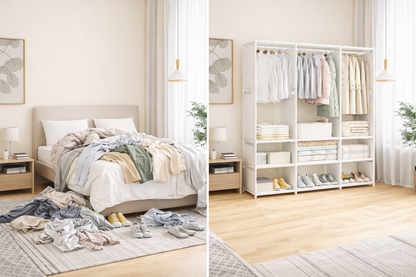 Armadio Guardaroba Aperto 130x170x36 cm con Ripiani e Barra Appendiabiti – Porta Abiti Salvaspazio in Metallo Bianco – Scaffale Vestiti Multifunzione per Camera da Letto, Cabina Armadio, Appartamento