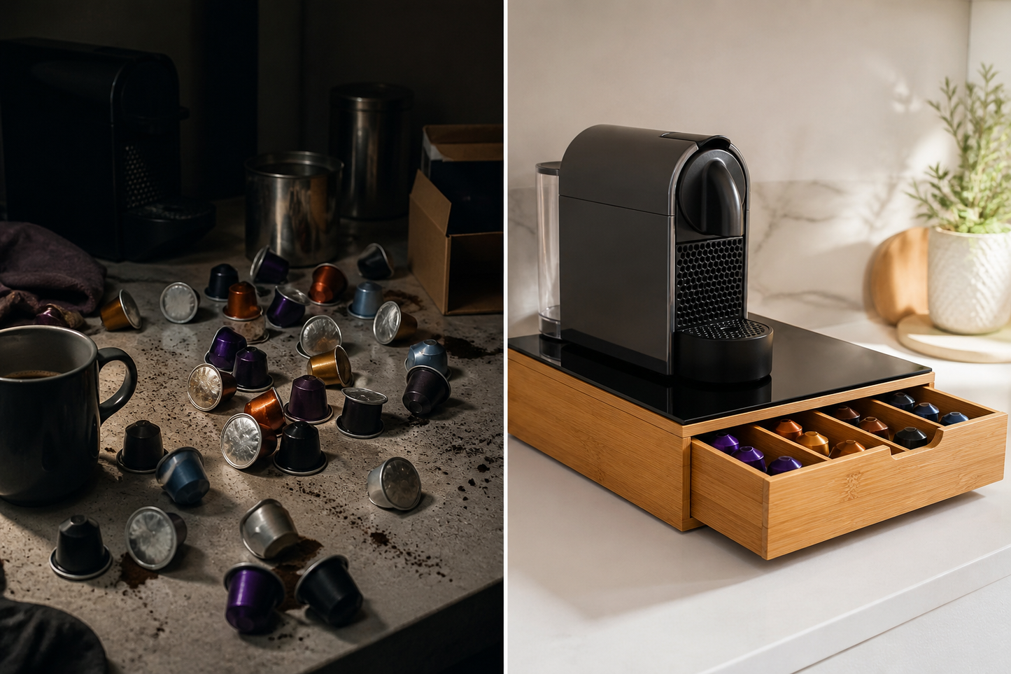 Cassetto Portacapsule Caffè in Bamboo con Piano in Vetro Temperato, Organizer Capsule e Cialde, Porta Capsule Compatibile Nespresso, Porta Capsule con Cassetto per Cucina, 30x30x10 cm