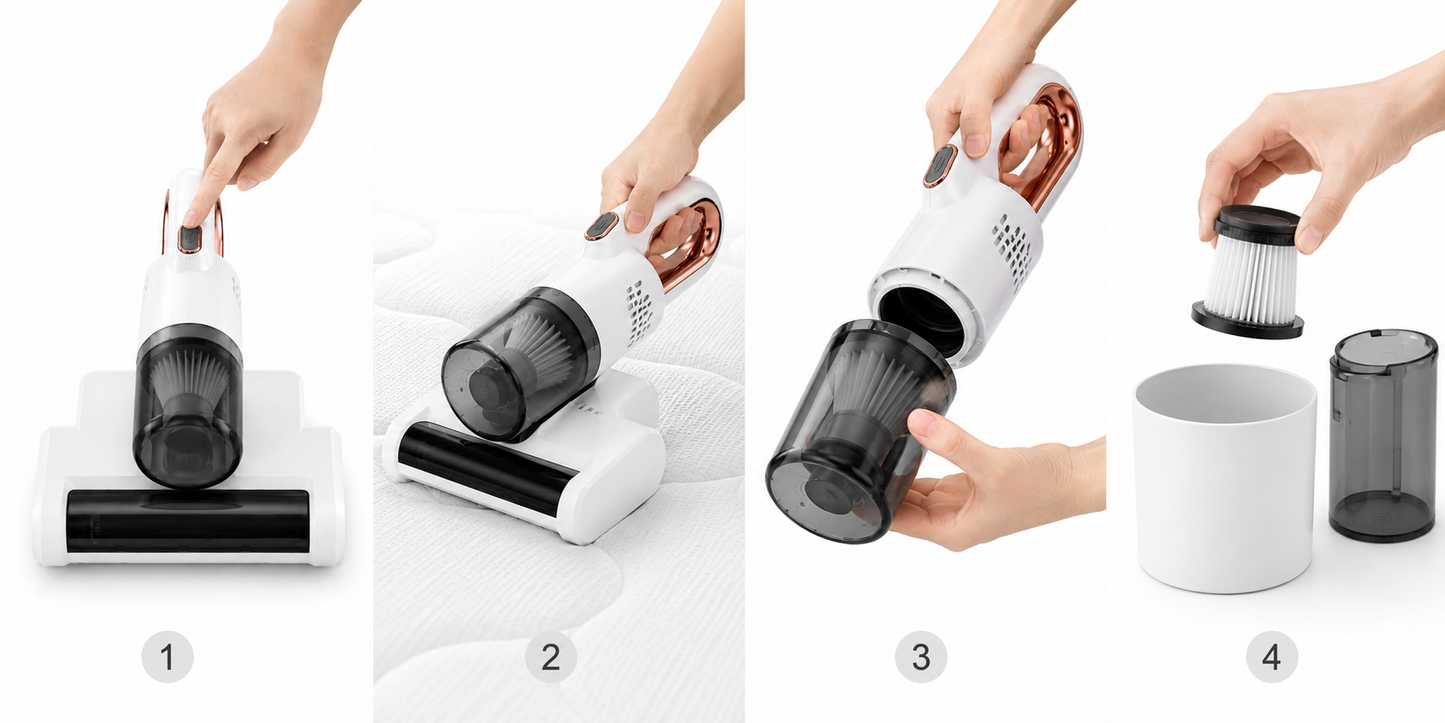 Aspirapolvere Antiacaro per Materassi Portatile, Aspiratore Multifunzione UV per Letto e Divano, Aspirapolvere Senza Fili con Filtro HEPA Lavabile, Rimozione Polvere e Peli, Ricarica USB