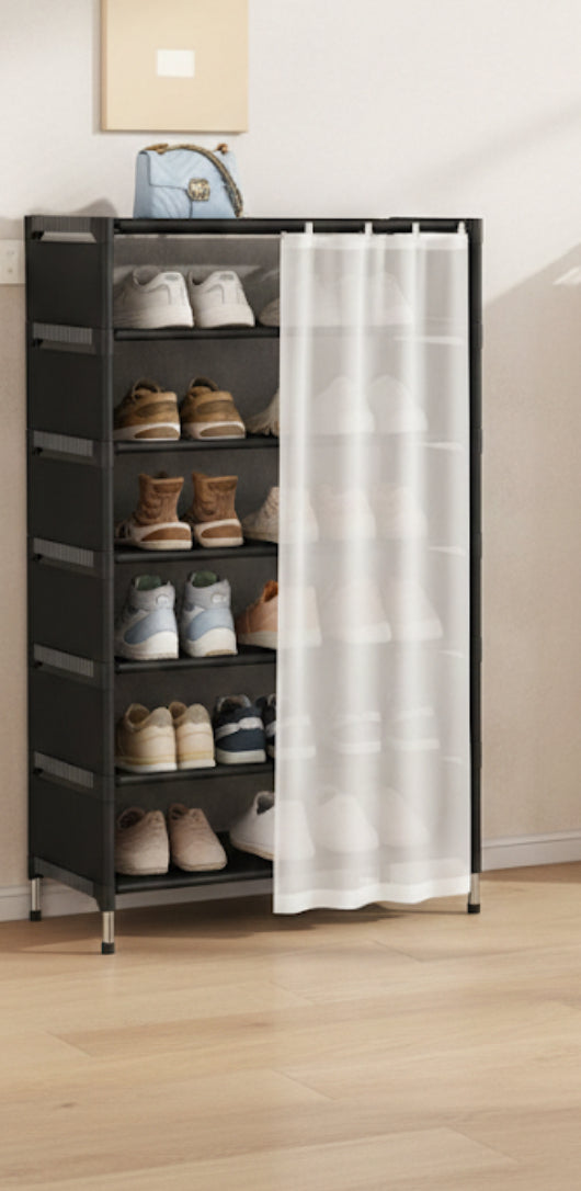 Scarpiera 7 Ripiani con Tenda – Colore Bianco – Struttura in Metallo e Ripiani in Stoffa – Organizer Salvaspazio 58x26x110 cm per Ingresso, Camera e Ripostiglio