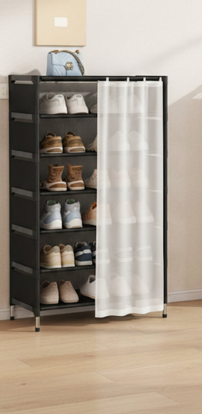 Scarpiera 7 Ripiani con Tenda – Colore Bianco – Struttura in Metallo e Ripiani in Stoffa – Organizer Salvaspazio 58x26x110 cm per Ingresso, Camera e Ripostiglio