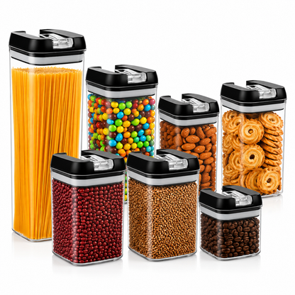 Set 7 Contenitori Ermetici per Alimenti con Coperchio Airtight, Barattoli Salvaspazio Impilabili per Pasta, Cereali, Caffè, Biscotti e Legumi, Contenitori Trasparenti per Cucina e Dispensa