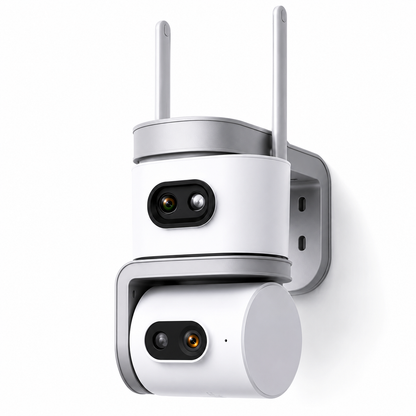 Telecamera WiFi Esterno Dual Lens, Telecamera di Sorveglianza 355° PTZ con Visione Notturna a Colori, Rilevamento Movimento, Audio Bidirezionale, WiFi 2.4 GHz, Controllo da App per Casa, Garage e Negozio